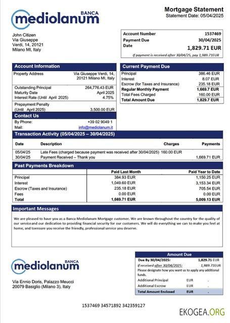 Modèle Word et PDF de relevé hypothécaire de la Banca Mediolanum en Italie